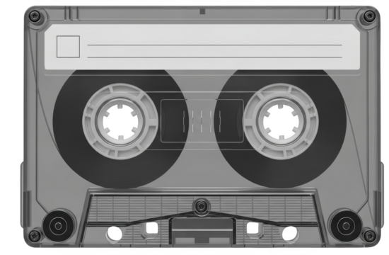 A top down view of a clear plastic audio cassette tape with gray spools and magnetic tape a label area at the top isolate Music Retro Vintage Sound Recording