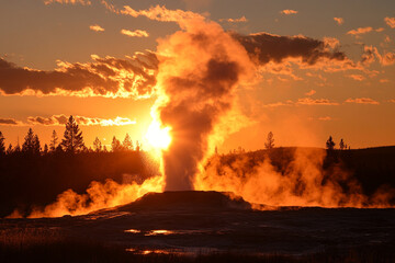 A steaming geyser silhouetted against a fiery sunset