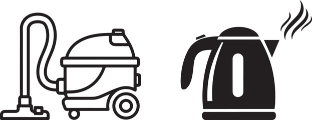 Monochrome Household Appliances Vector Icons: Outline Vacuum and Solid Kettle