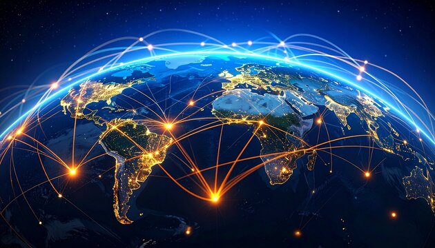 Digital Earth with glowing connectivity lines and nodes linking global cities.