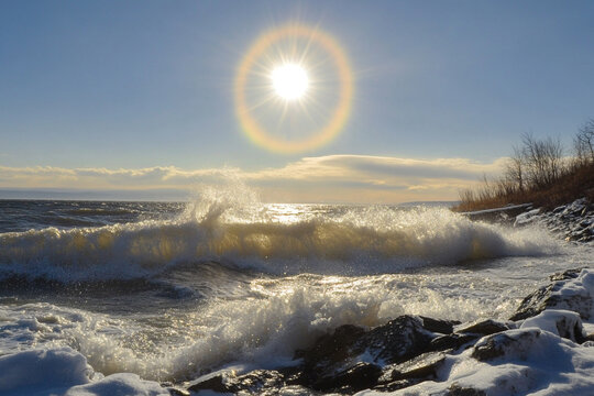 A sun halo appearing as waves crash onto a rocky shoreline