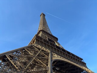 Looking up through the Eiffel Tower, Paris