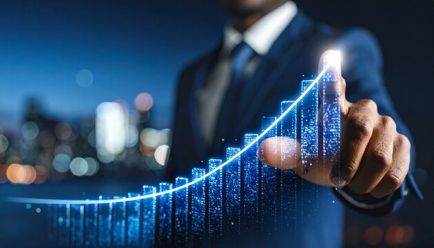 Businessman in suit pointing at glowing upward graph with city lights in background. - Powered by Adobe