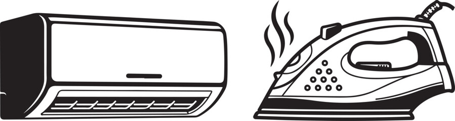Monochrome Vector Illustration of Home Air Conditioner and Steam Iron