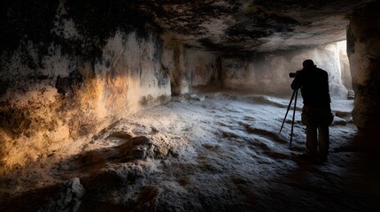 Obraz premium Photographer documents ancient cave markings in a dimly lit subterranean chamber