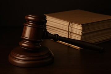 Obraz premium Wooden Gavel on Dark Table Next to Stacked Legal Documents and Files in a Professional Setting
