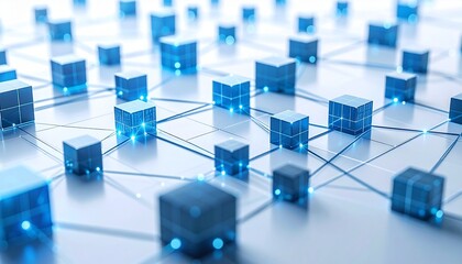 Interconnected glowing blue cubes on white surface representing digital blockchain network.