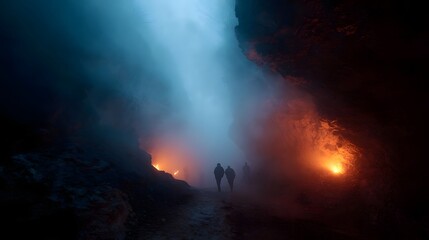 Silhouetted figures explore a dark misty cavern illuminated by glowing orange fires