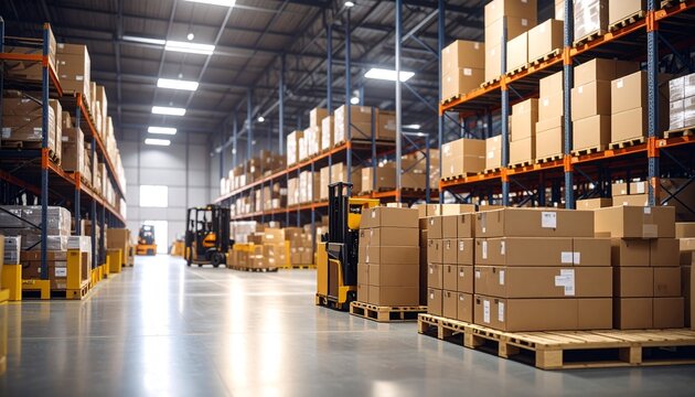 Warehouse interior with stacked cardboard boxes, tall shelves, and forklifts.
