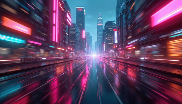 Neon cityscape photo modern downtown with vibrant lights. Cyberpunk art visualizes future urban life at night. Sci-fi landscape features tall buildings. Tech backdrop suits graphic design, wallpaper