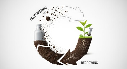 Illustration of a recycling loop showing decomposition and regrowth of a plant