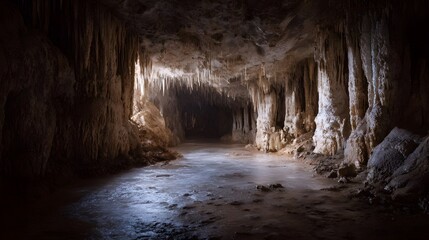 Dramatic cave interior with numerous stalactites stalagmites and a reflective water floor illuminated by faint light