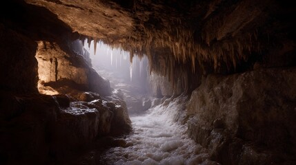 Dramatic subterranean cave passage with flowing water illuminated by mysterious light and adorned with natural rock formations like stalactites