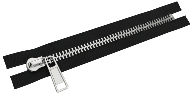 Close Up Of A Detached Silver Metal Zipper With A Black Fabric Tape And A Shiny Metallic Pull Tab Isolated Transparent Background To Isolate Black Zipper Transparent Background - Powered by Adobe