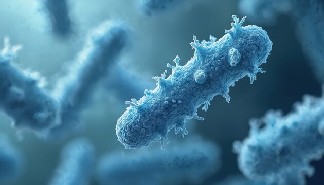 Microscopic view of Mycobacterium tuberculosis bacteria. Close-up of TB germs. Rod-shaped bacteria with rough surface. Infectious agent causing tuberculosis. Bacterial infection. Medical illustration.
