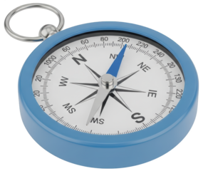 A close up view of a blue navigational compass with a silver ring and a white face showing cardinal directions and degree markings orientation travel exploration transparent background