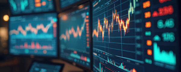 Several computer screens display real time financial data. Stock market charts show dynamic market trends, values. Business professionals analyze data for investment strategy. Tech dashboard provides