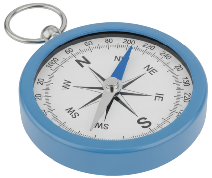 A close up view of a blue navigational compass with a silver ring and a white face showing cardinal directions and degree markings orientation travel exploration transparent background