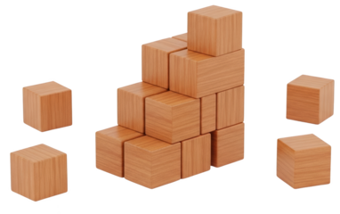 Stacked wooden blocks forming a pyramid shape with scattered individual blocks around the main structure isolate Tower Construction Building Cubes Geometric