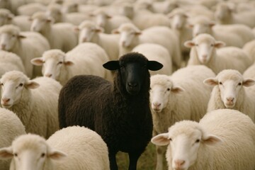 Fototapeta premium Black Sheep Standing Out Amongst Fluffy White Sheep in Pasture Balancing Nature's Colors and Diversity