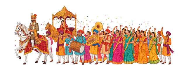 Grand Hindu Wedding Baraat Procession Flat Vector Illustration