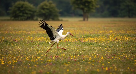 Fototapeta premium A white stork with red beak and legs takes flight in a colorful meadow field