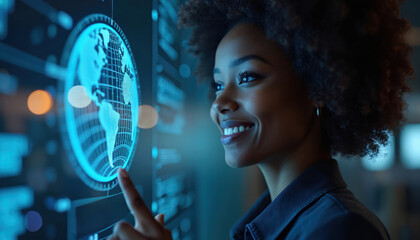 Attractive black woman interacts with digital interface. Smiles touches virtual earth hologram. Tech concept involves future innovation, global networking. Smart technology with modern interface