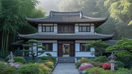 Traditional asian architecture with lush greenery and overcast sky