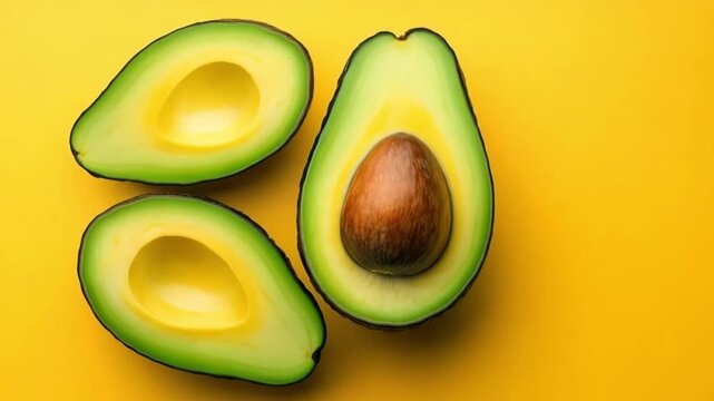 Three avocado halves arranged on a solid yellow background, one with a seed. Clean, colorful layout highlighting the freshness of the fruit. Healthy food concept.