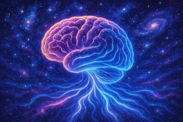 Neon Brain with Cosmic Background Illustrating Neural Connections and Cosmic Energy Flow in Vibrant Colors
