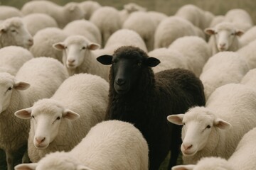 Fototapeta premium Black Sheep Standing Out Amongst Herd of White Sheep in Pastoral Setting