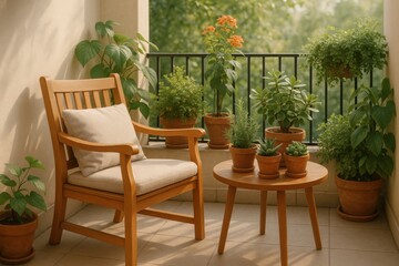 Fototapeta premium Cozy balcony garden with wooden chair, potted plants, and serene green view in soft afternoon light