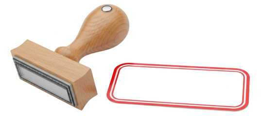 Wooden rubber stamp with blank rectangular inset on rubber pad and red and white border frame with blank center isolate wooden stamp blank stamp empty stamp