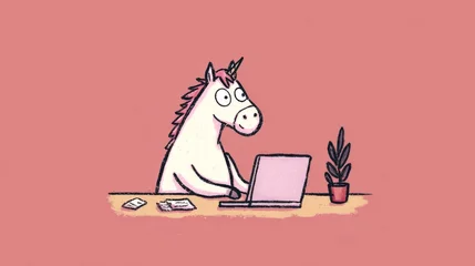 Canvas schilderij Eenhoorn Cartoon White Horse Office Scene  © 浩生 陈