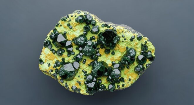 A rare mineral specimen of dark green, faceted crystals (Uraninite or Dioptase) growing on a bright, pale green and yellow matrix.