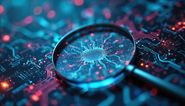 Magnifying glass examines complex digital data flow on circuit board background. Glowing network intricate information streams cybersecurity research, technological innovation. Futuristic concept of