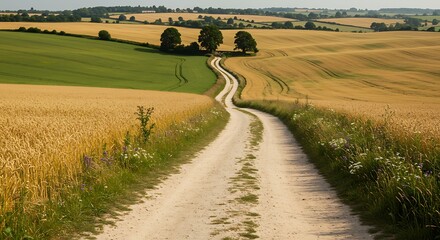 Obraz premium A winding dirt road meanders through vibrant fields of gold and green, under a summer sky