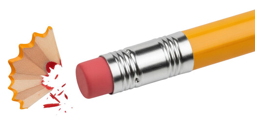 Close up view of a yellow pencil with a pink eraser and a wooden pencil shaving with red lead fragments falling writing instrument stationery art supply transparent background