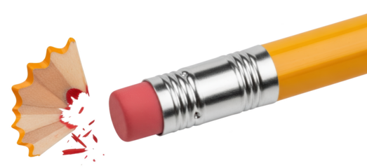 Close up view of a yellow pencil with a pink eraser and a wooden pencil shaving with red lead fragments falling writing instrument stationery art supply transparent background