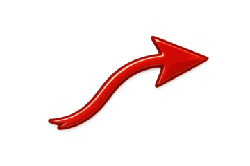 Red glossy arrow pointing up and right, showing direction, success, growth, progress, and increasing trends with transparent background