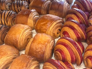 Rows of fresh pastries in a boulangerie
