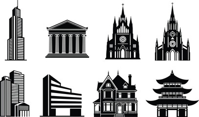 Architectural silhouette set, gothic cathedral, modern skyscraper, classical building, Victorian house, East Asian pagoda, urban design, cultural structures
