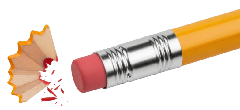 Close up view of a yellow pencil with a pink eraser and a wooden pencil shaving with red lead fragments falling writing instrument stationery art supply transparent background