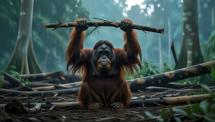 Obraz premium An orangutan sits in a lush jungle, holding a branch above its head. The powerful pose and serene expression convey strength and resilience, set against a backdrop of verdant foliage.