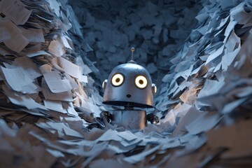 Small vintage robot struggling, buried under an enormous pile of documents. Concept of bureaucracy, data overload, stress