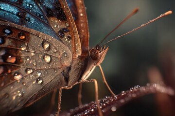 Butterfly resting on a dewy plant, its wings showing intricate patterns and delicate water drops reflecting morning light