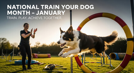 Dog jumping through hoop at agility training event for National Train Your Dog Month Keywords