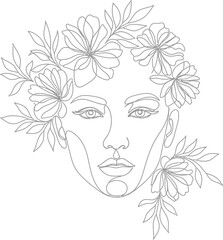 Elegant woman's face adorned with flowers in a minimalist line art design style