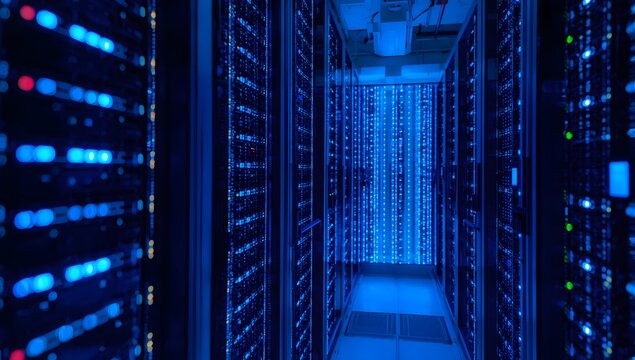 Immersive server room illuminates data infrastructure for cutting-edge technology solutions, a powerful network of digital information in cool blue light
