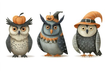 Obraz premium Cute owls celebrating halloween, dressed in festive pumpkin and witch hats, standing together on a white background